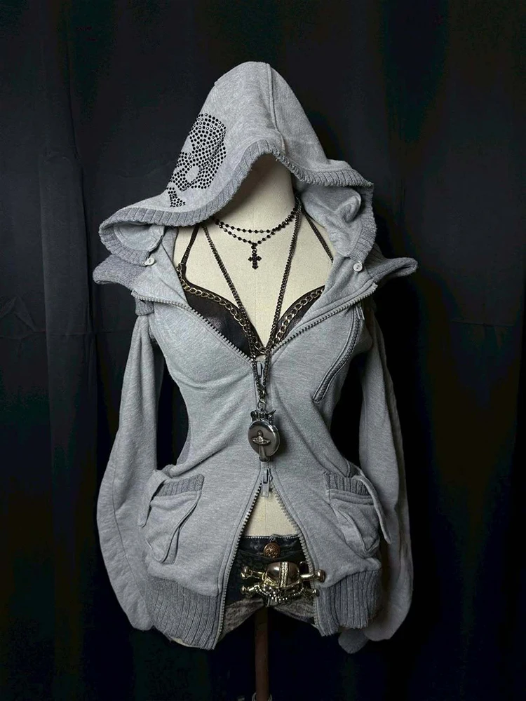 Sub-culture skull rhinestone hoodie coat burr hat waist slimming multi-zipper American retro long-sleeved coat.