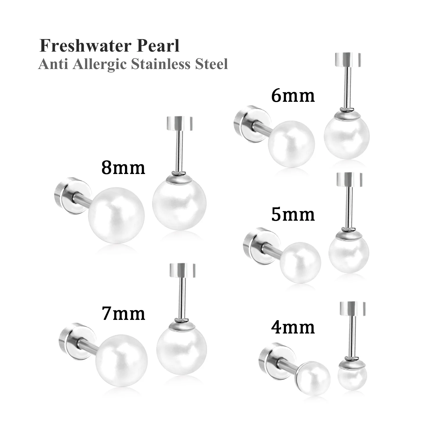 LUXUSTEEL 5Pairs/Lot Imitation Pearl Stud Earrings For Women Men Stainless Steel White Black Freshwater Pearls 4/5/6/7/8mm