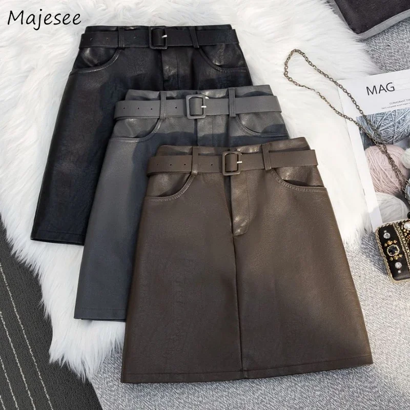 

PU Mini Skirts Women Simple Pure Color Female Y2k Skirt Lovely High Waist Korean Stylish A-line Graceful Street Autumn Vintage