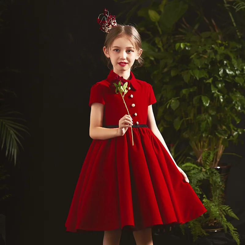 Children's Dress Spring Girls' Princess Dress Piano Grading Performance Costume Little Girl Red Host Birthday Banquet Children's