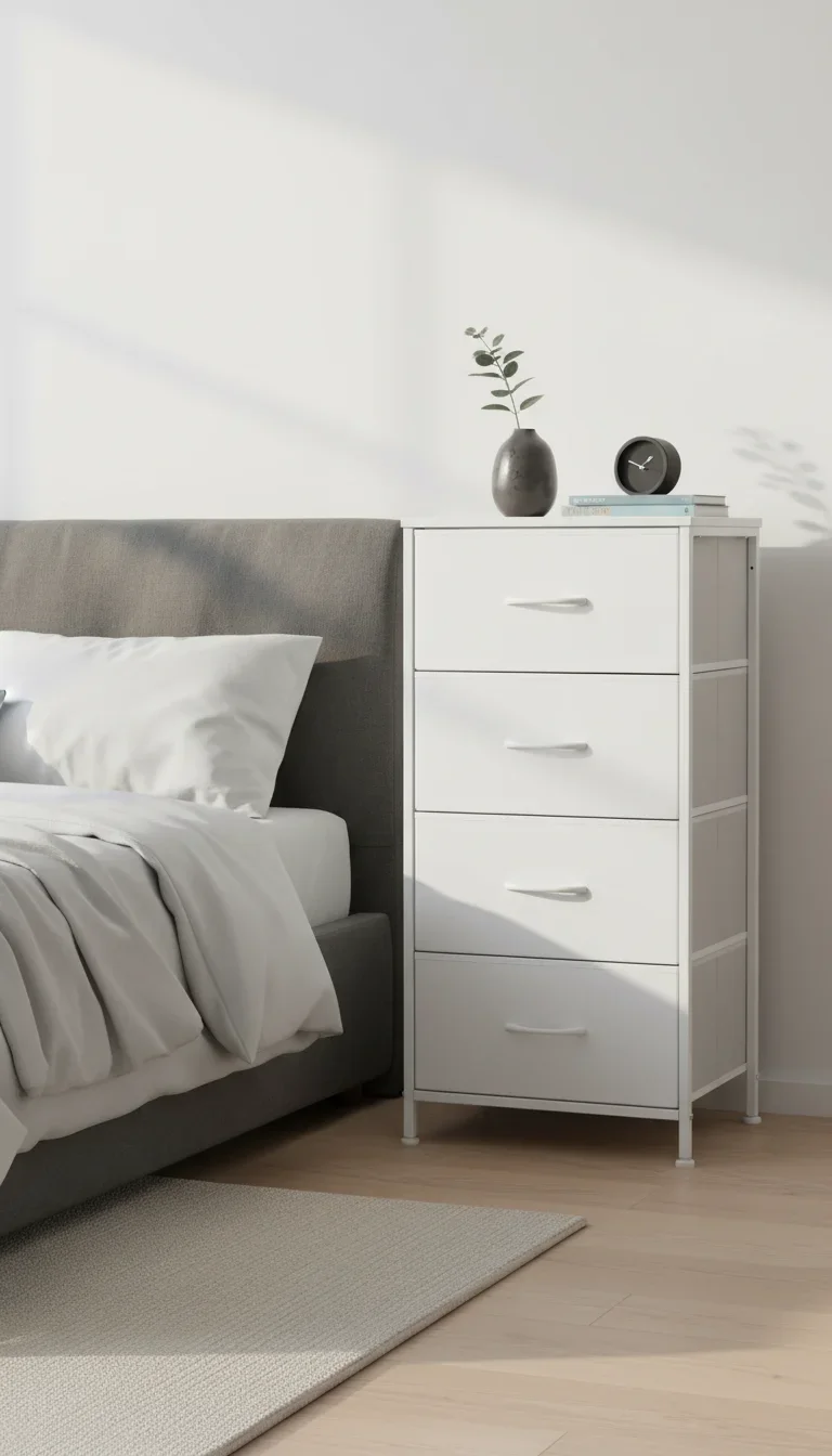 Comodino con cassetto in tessuto per piccole camere da letto, dormitori, appartamenti - Organizzatore di stoccaggio a 4 cassetti