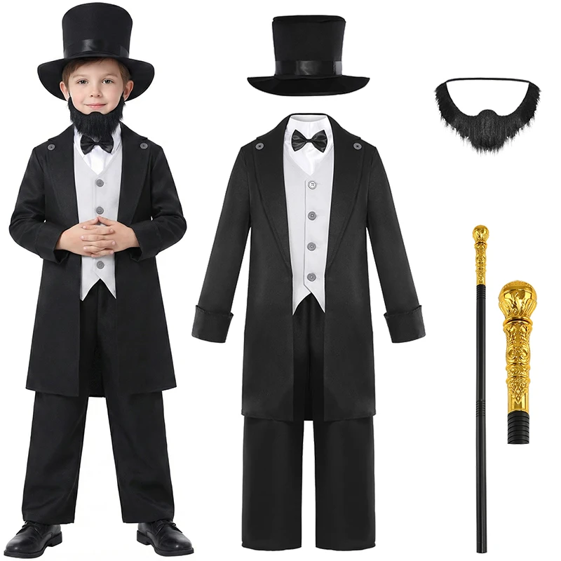 Kids Abraham Lincoln Costume for Boys Historical President Outfit Halloween Cosplay Presidents Day School Play Children Clothing