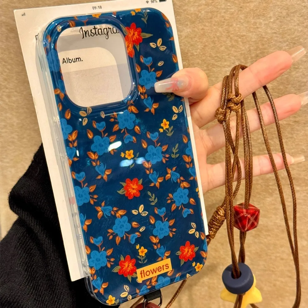 

Для iPhone16promax 15pro 14plus13 Кляйн синяя картина маслом цветочный узор из фольги свежий чехол для телефона роскошный защитный чехол от падения