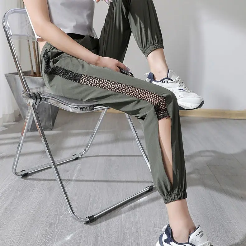 

Женские летние спортивные брюки-харлан из ледяного шелка с защитой от комаров, тонкие, дышащие, с манжетами, с высокой талией, повседневные, укороченные (7/8)