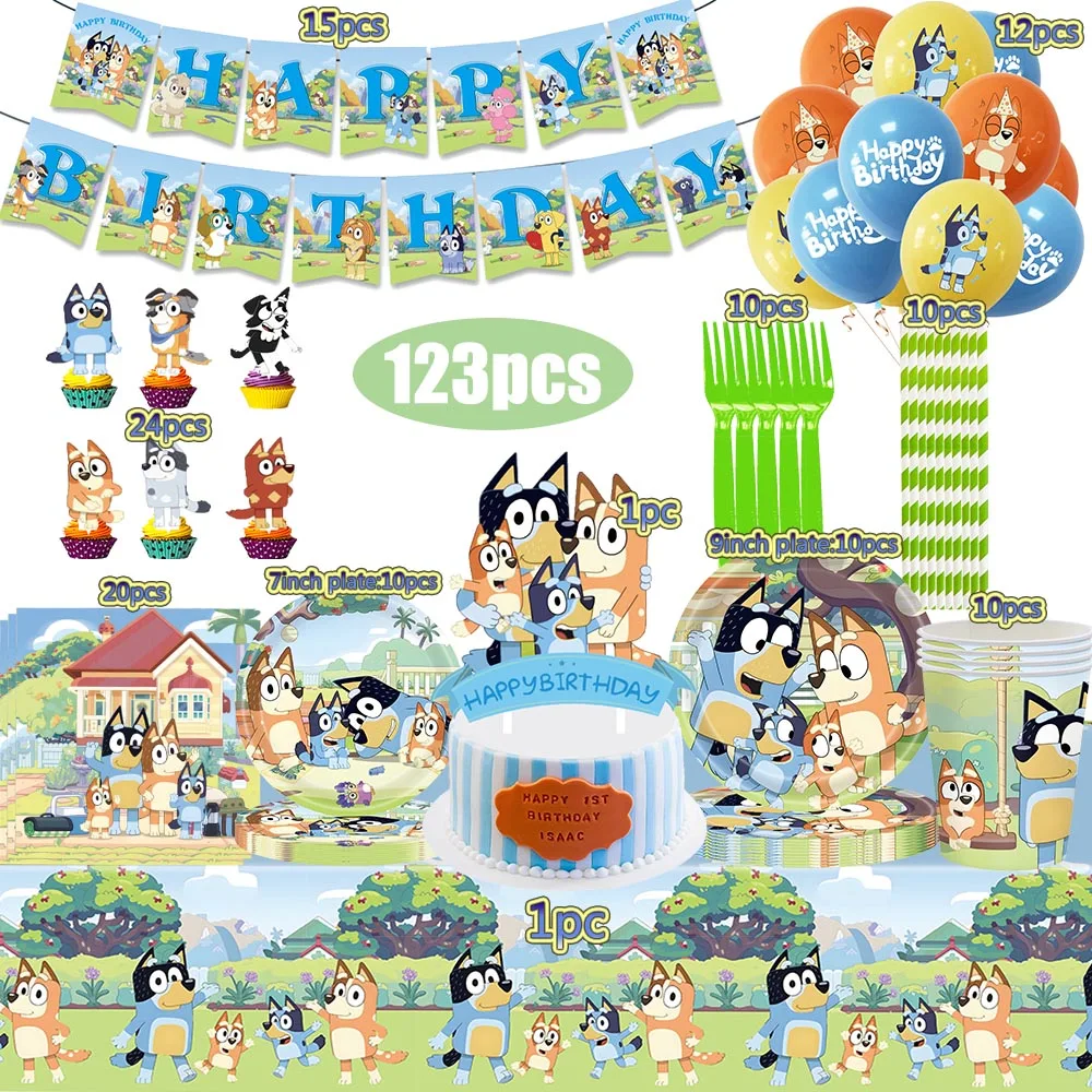 Nouveau thème Bluey décorations de fête d'anniversaire fournitures Bingo vaisselle jetable tasse assiette ballons ensemble bébé douche enfants fête jouet