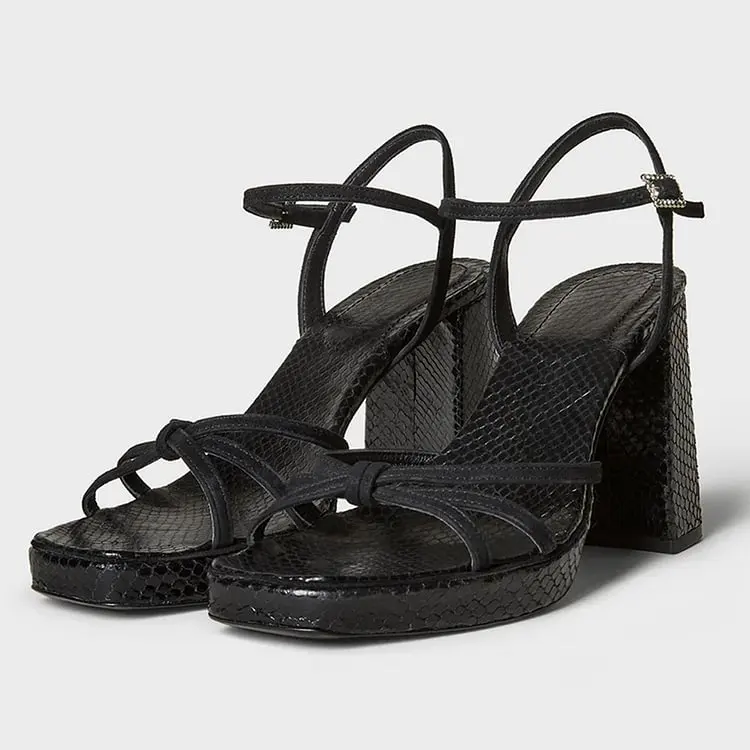 

Black Square Toe Python Embossed Crystal Ankle Strap Heeled Sandals