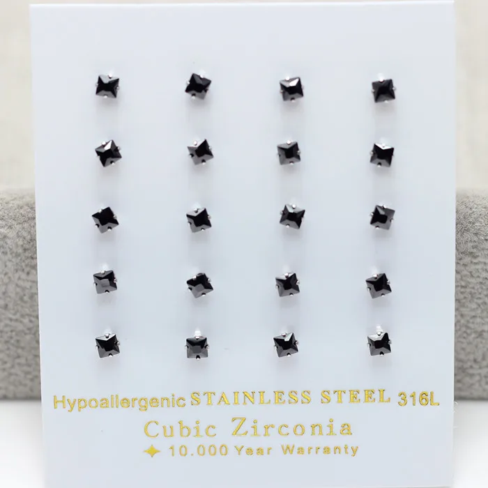LUXUSTEEL 10Pairs/Card Earrings for Women Men Black Square Cubic Zirconia Stud Earrings Brinco Mujer Party Wholesale Jewelry