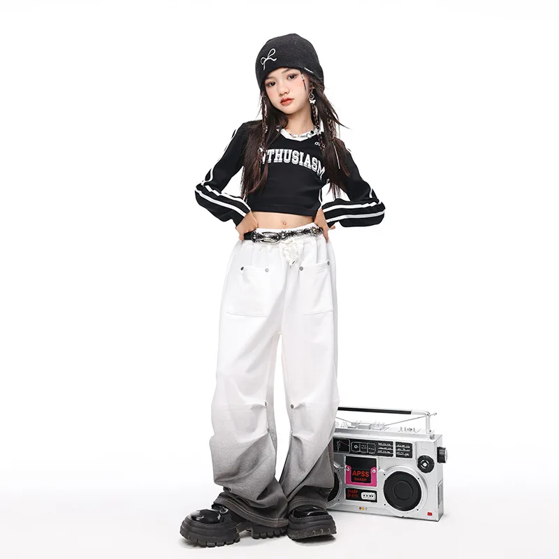 أطفال بنات الهيب هوب العلامة التجارية الشارع ارتداء طويلة الأكمام تي شيرت فضفاض عادية بانت 2 قطعة مجموعات الأطفال رياضية أداء زي #3