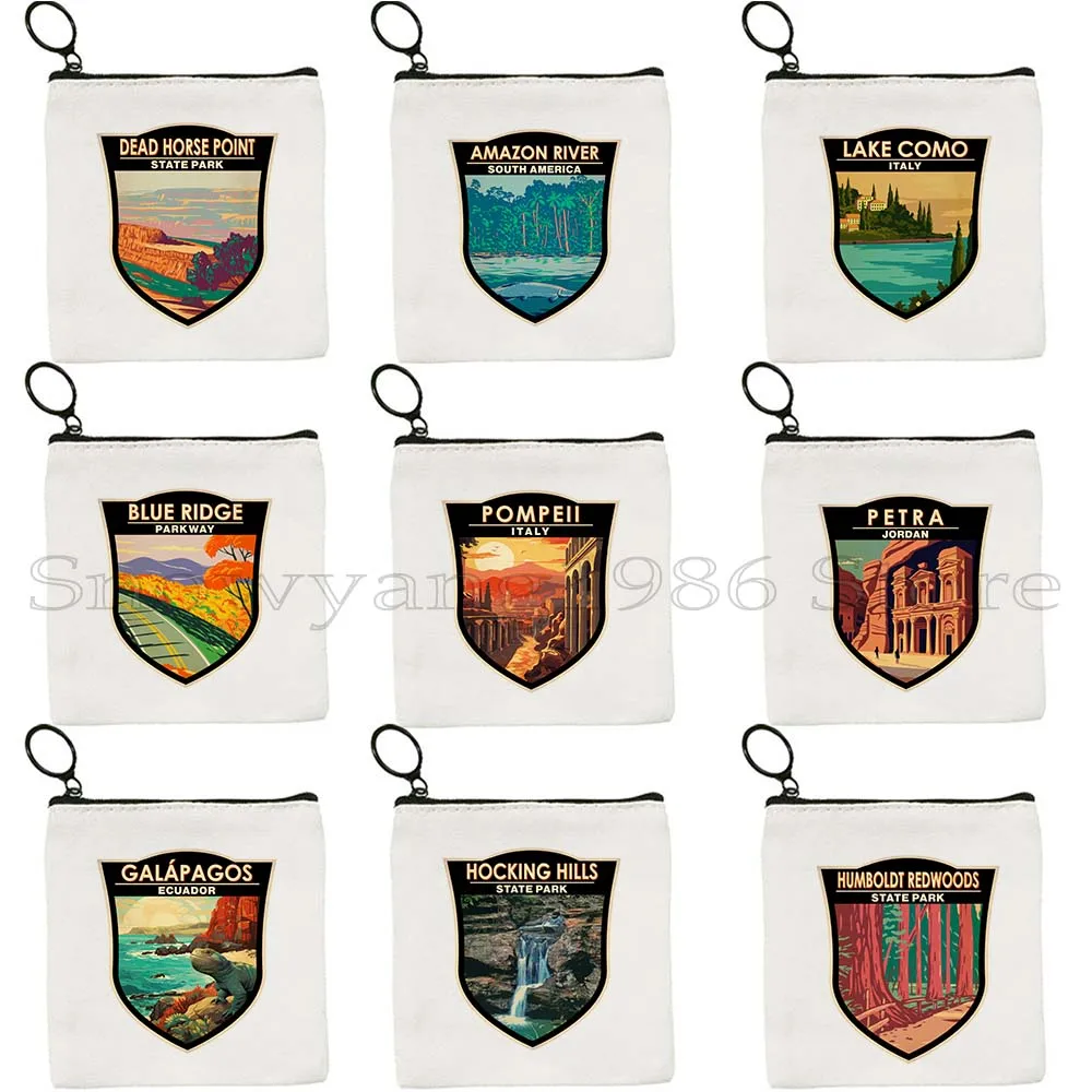 Amazon River Lake Como Petra Jordan Pompeii Campania Rocky Mountain Yellowstone Zion National Park Travel Art Key Coin Purse Bag