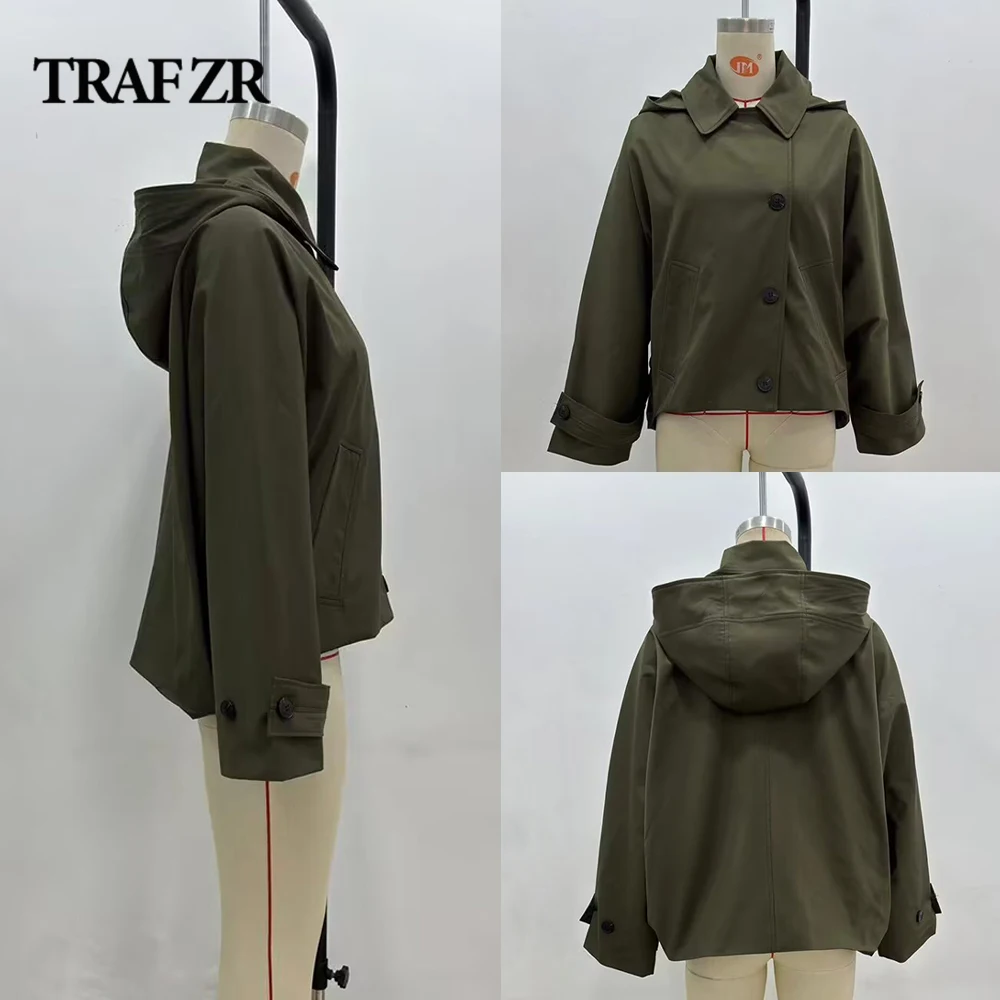 TRAF ZR High Street Women's Jackets with Removable Hood Basic Loose Solid Trench 2024 Autumn Long Sleeve Lapeled Lady Coats