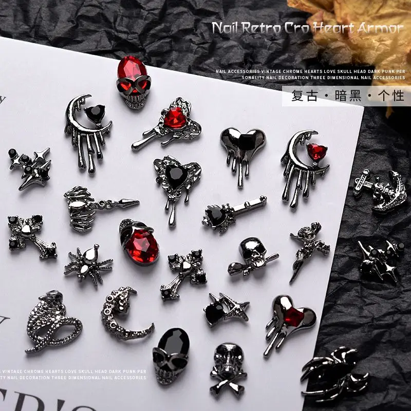 100pcs/lot Halloween Black Cross Heart Skull 3D Alloy Nail Art Rhinestone Metal Nails Accessories Nail Art Decoration DIY Charms