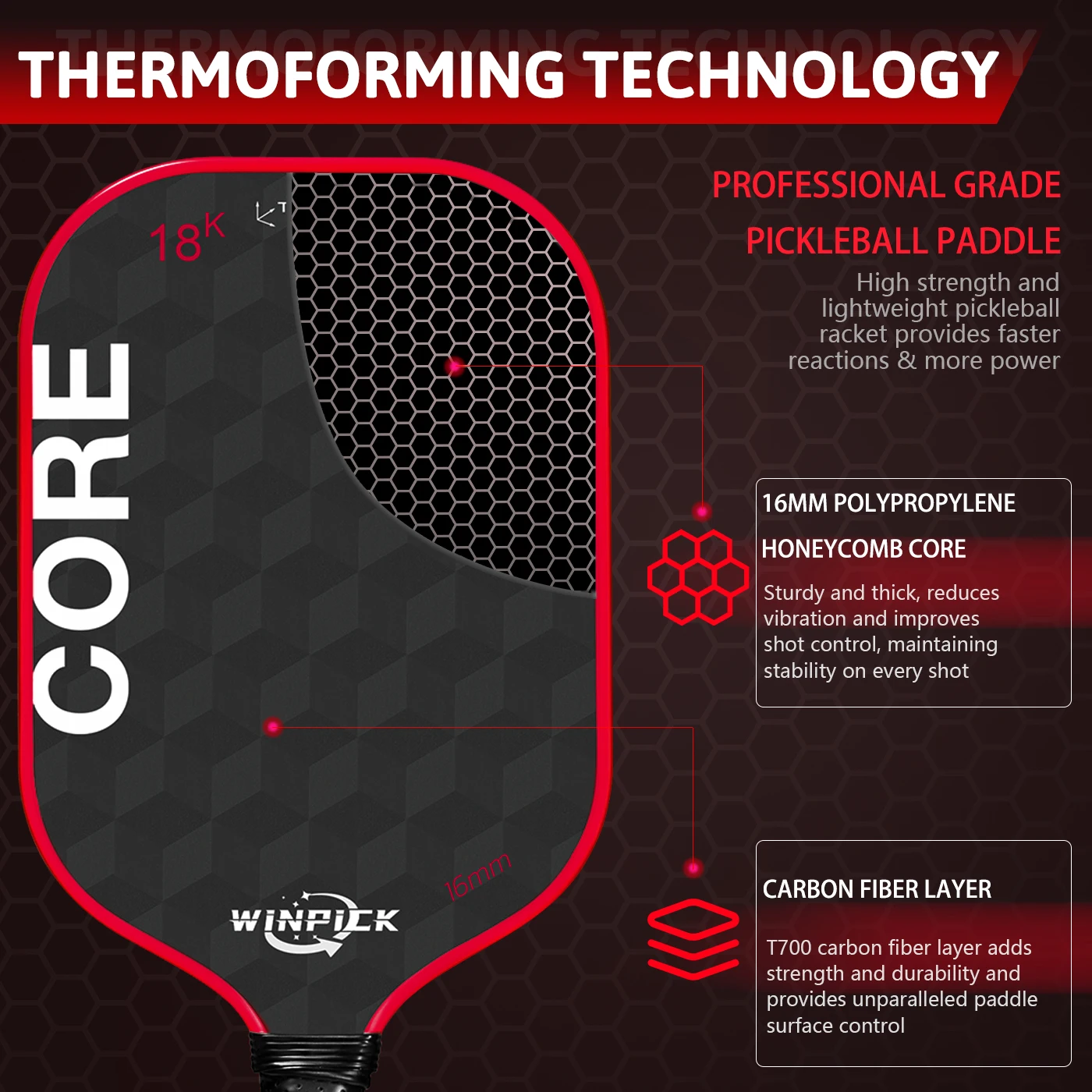 WINPICK Carbon Fiber Pickleball Paddles Racket for Spin & Control Pickleball Rackets Foam Injected Edges for Expanded Sweet Spot