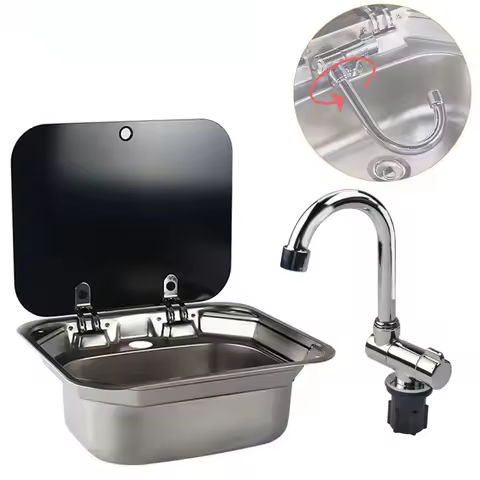 Caravan Camping Stainless Steel Hand Wash Basin Sink with Tempered Glass Lid Camper Accessories RV Stainless Steel Covered Sink