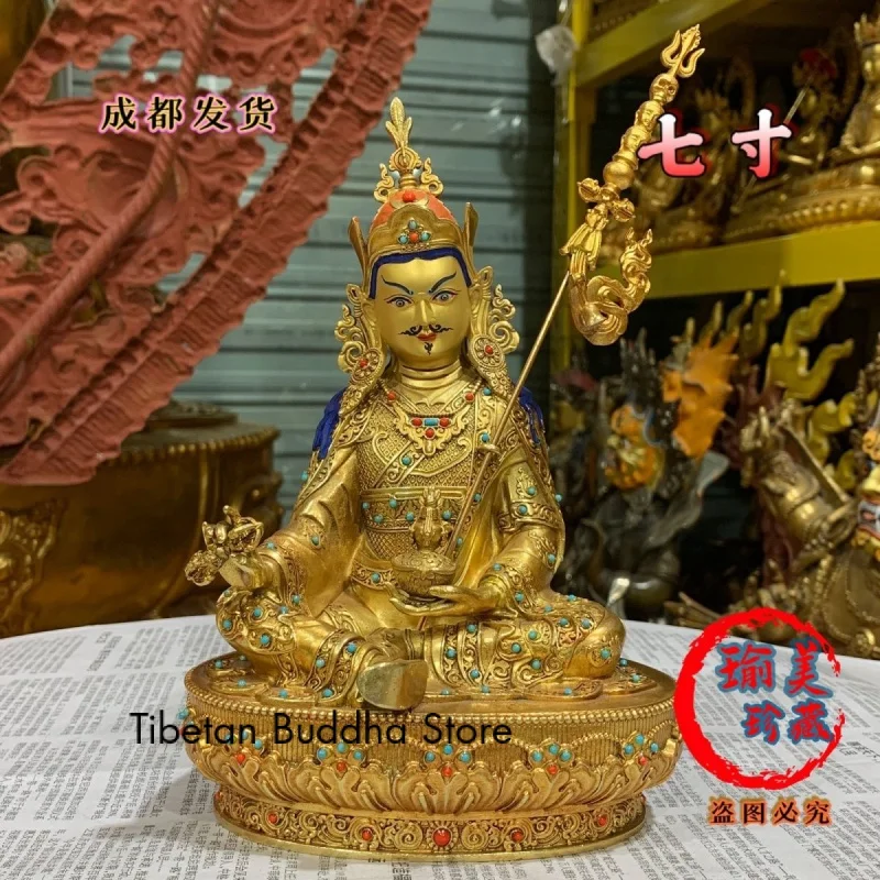 Seven-Inch Seiko Padmasambhava Copper Gilt Buddha Statue Inlaid with Gem Boutique Buddha Lotus Master Copper Statue Wholesale