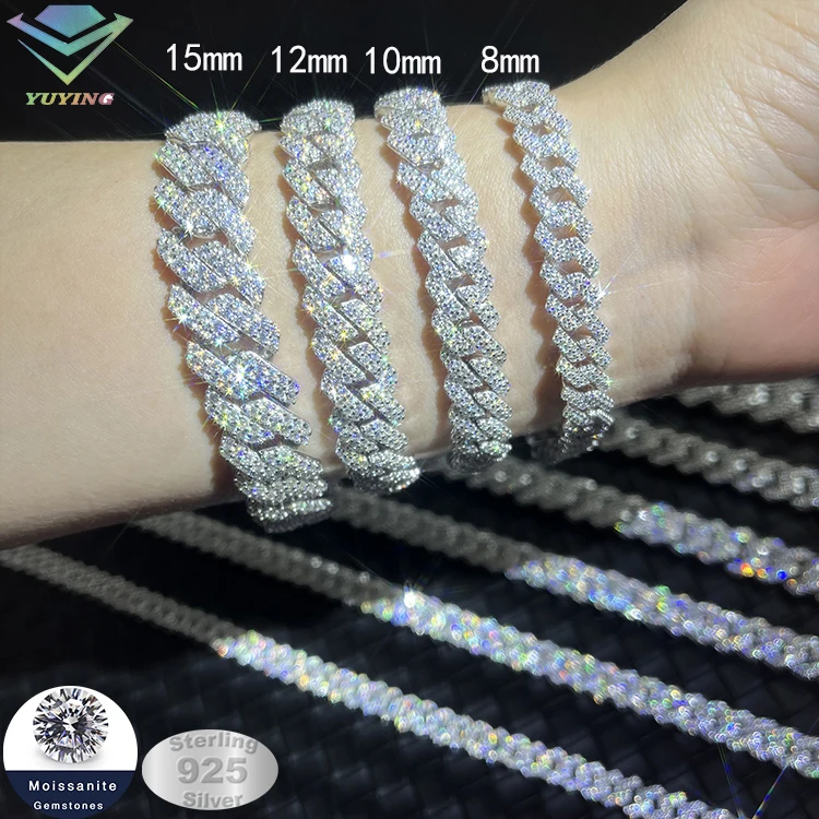 6 Mm to 15 Mm 2 Rows Moissanite 925 Silver Cuban Link Chain for Man Hiphop Fine Jewelry Necklaces Cuban Chain Bracelet