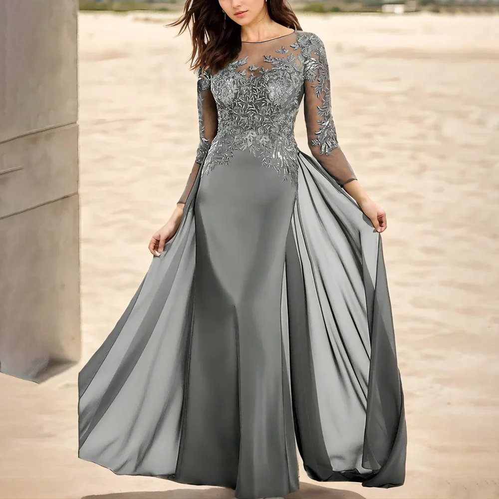 

Dark Gray Satin Evening Dresses For Women Chic Applique Long Sleeves O-Neck Floor Length Wedding Bride Mother Dinner Party Gown