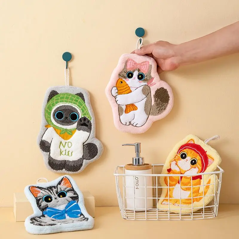 

Cartoon Coral Velvet Hand Towel For Kitchen Kawaii Cat Hand Wipe Cleaning Cloth Bathroom Hanging Towel Absorbent Clean Rag