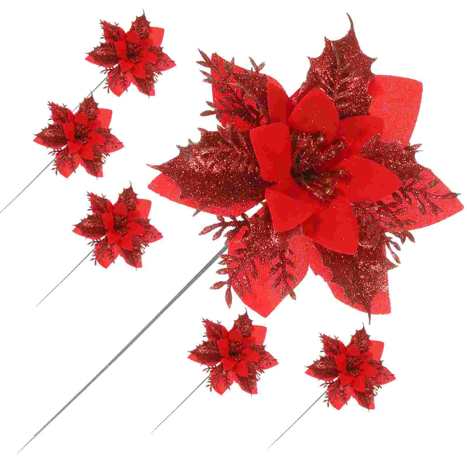 

6 Sets Artificial Flower Christmas Tree Ornaments Decor Fake Poinsettia Flowers Decorations Red Iron for Garland