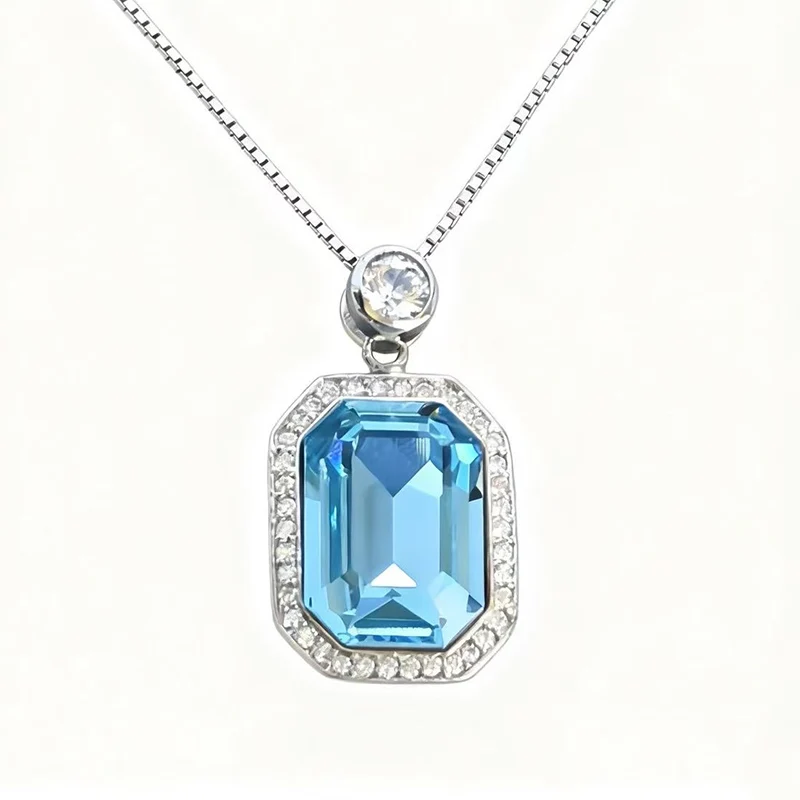 

925 Sterling Silver Necklace for Women - European Vintage Style, Daily Wear with Sapphire & Octagonal Zircon Pendant