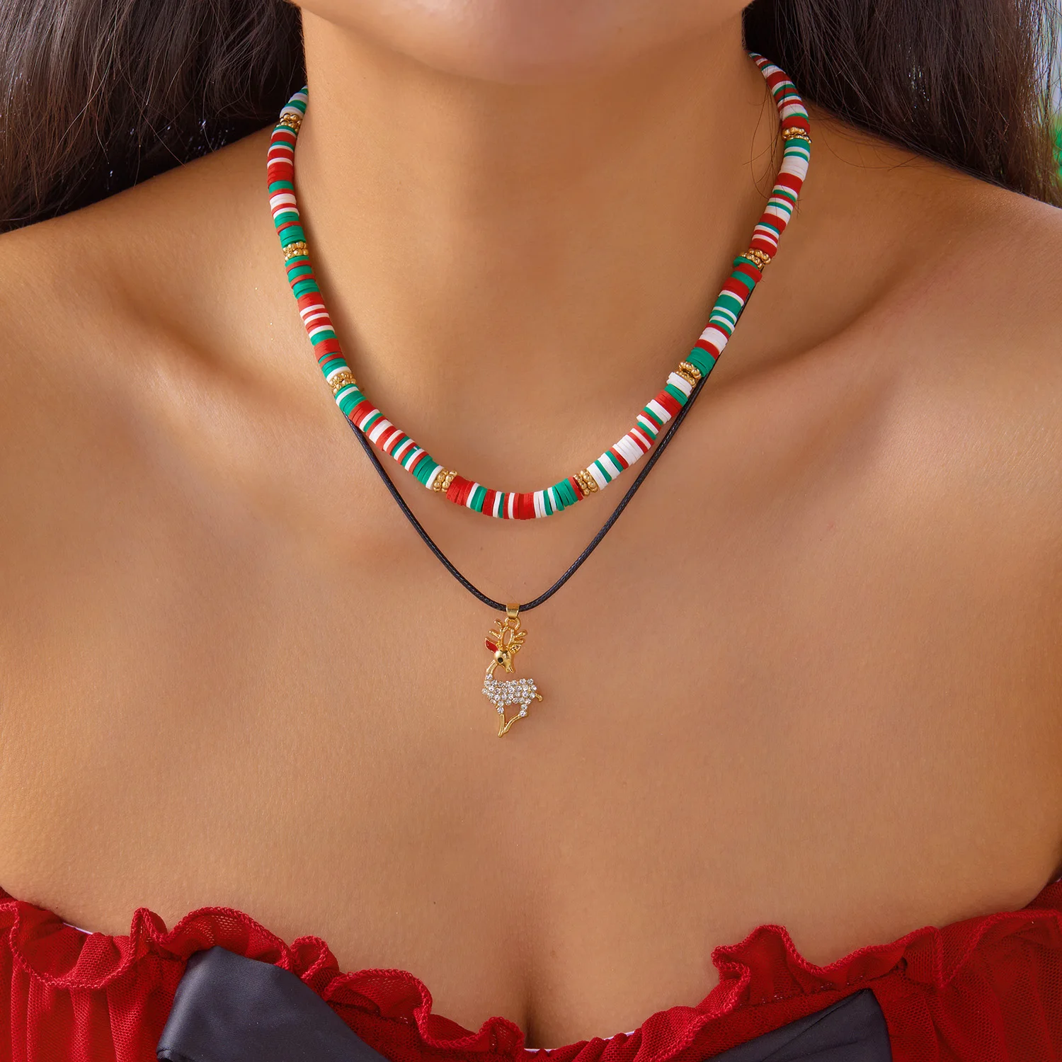 

Trendy Christmas Tree Layered Necklaces For Women Colorful pottery Elk Snowman Pendant Necklaces Festive Party Jewelry Accessory