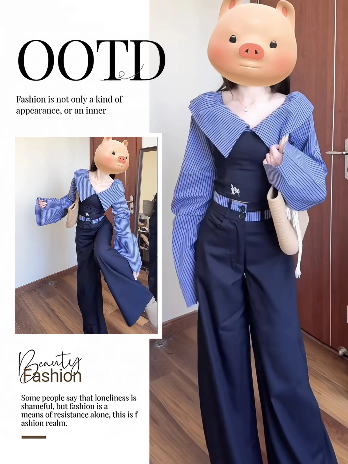 

Korean Lazy Chic Striped Color Blo irt And Wide Leg Pants Two Piece Set Casual Loose Sve Long Pants High Waist Trousers