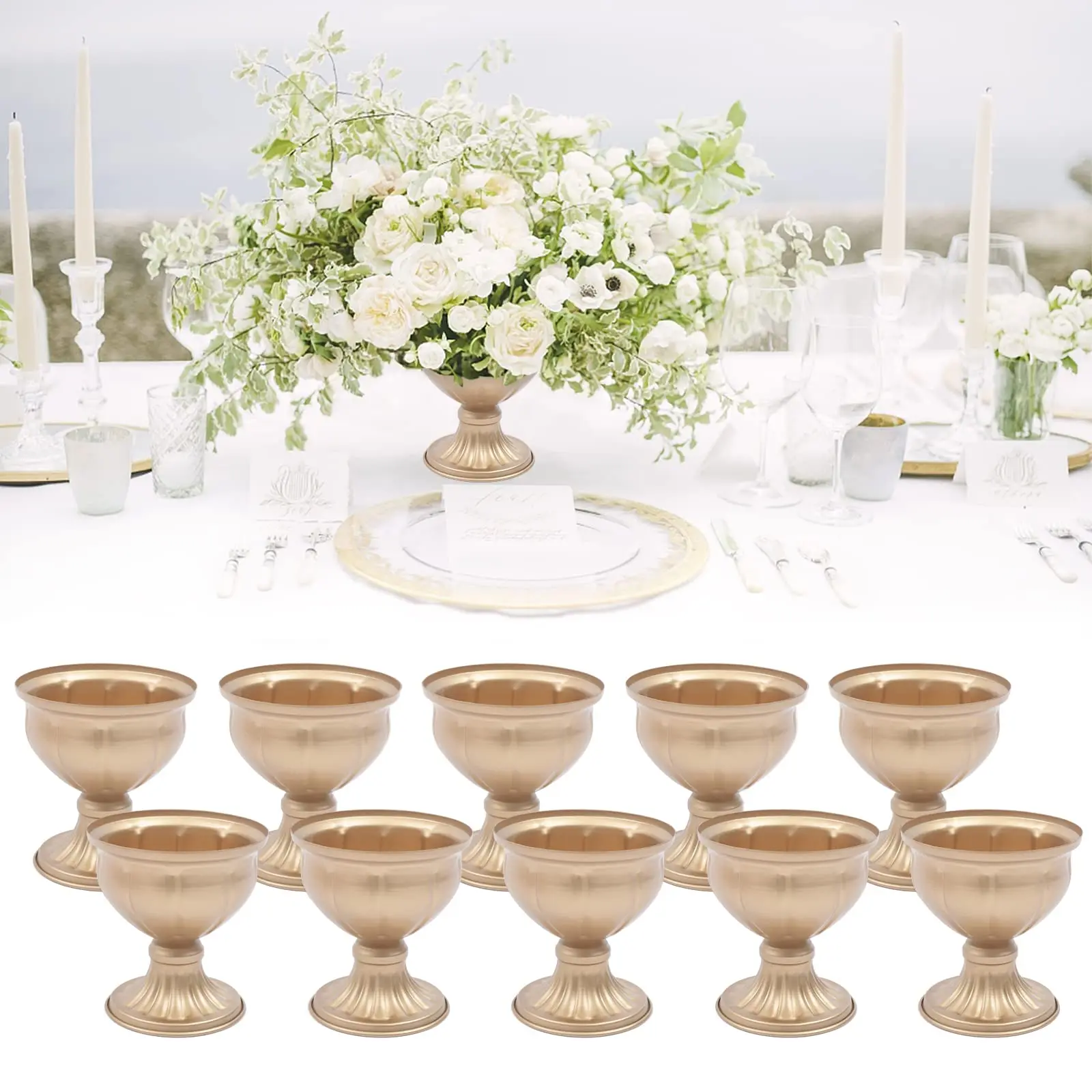 

Thanksgiving day Gift 10pcs Metal Urn Planter for Wedding Centrepieces,Elegant Wedding Centerpieces Vase,Gold Trumpet Vase Metal