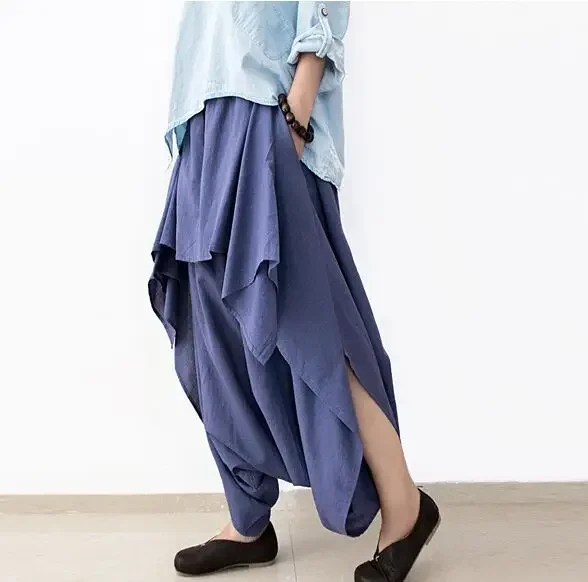 2017 جديد إمرأة بنطال ذو قصة أرجل واسعة فضفاضة القطن الكتان غير المتماثلة السراويل النمط الأصلي حجم كبير Capris مطاط الخصر فضفاض بنطلون