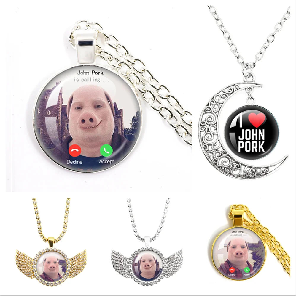 John Pork is Calling Answer Call Phone Humor Funny Pig Lover Graphic The moon Necklace Angel Wings Pendant Necklace Jewelry Gift