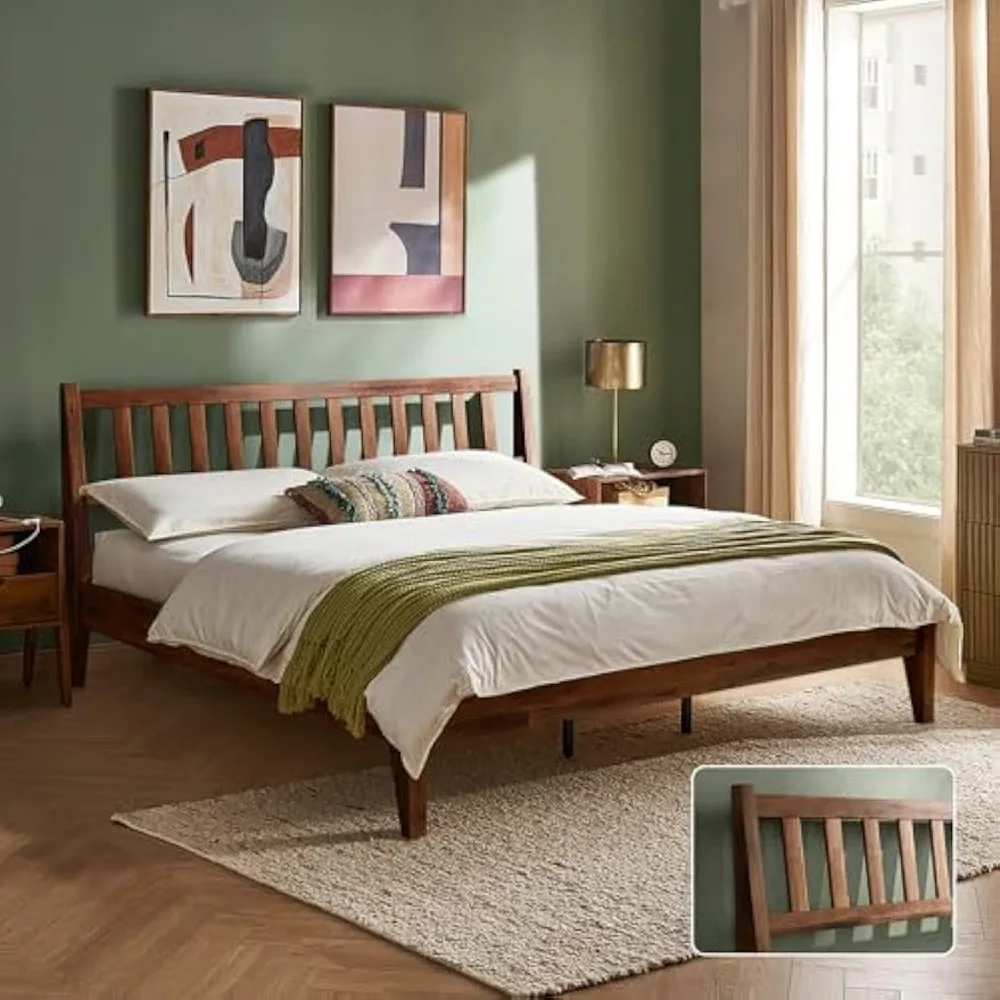 

mopio Ted Bed Frame with Headboard, Mid Century Modern Acacia Solid Wood Platform Bed Frame, Wooden Slats, No Box Spring, Double