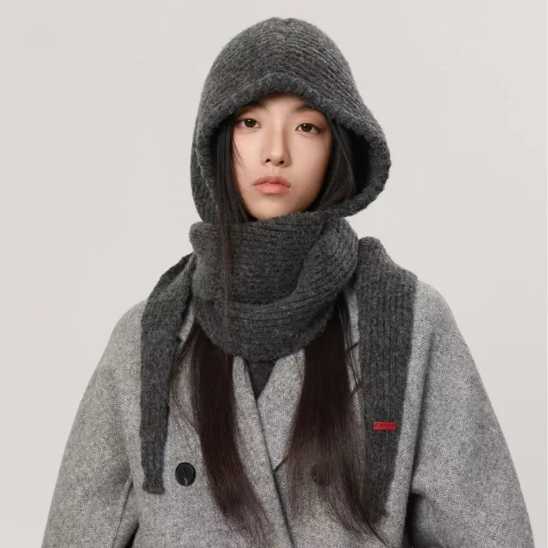

Wool-blend autumn-winter hooded scarf integrated warm earflap hat, chenille knit cap for women, neck-warming cowl