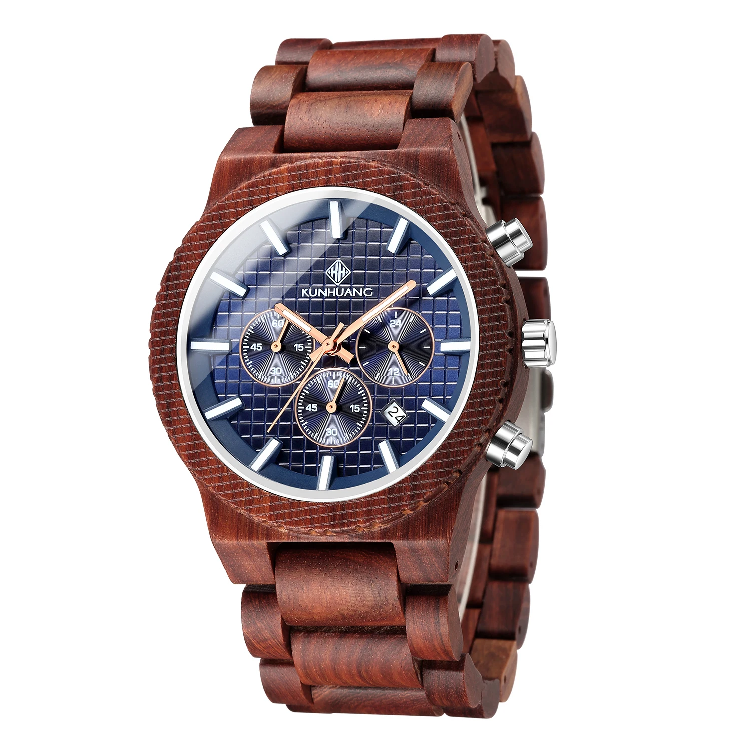 

KUNHUANG Hot Sale Sports Wooden Watch Men's Luxury Precious Quartz Watch Large Dial Multifunctional Wooden Watch