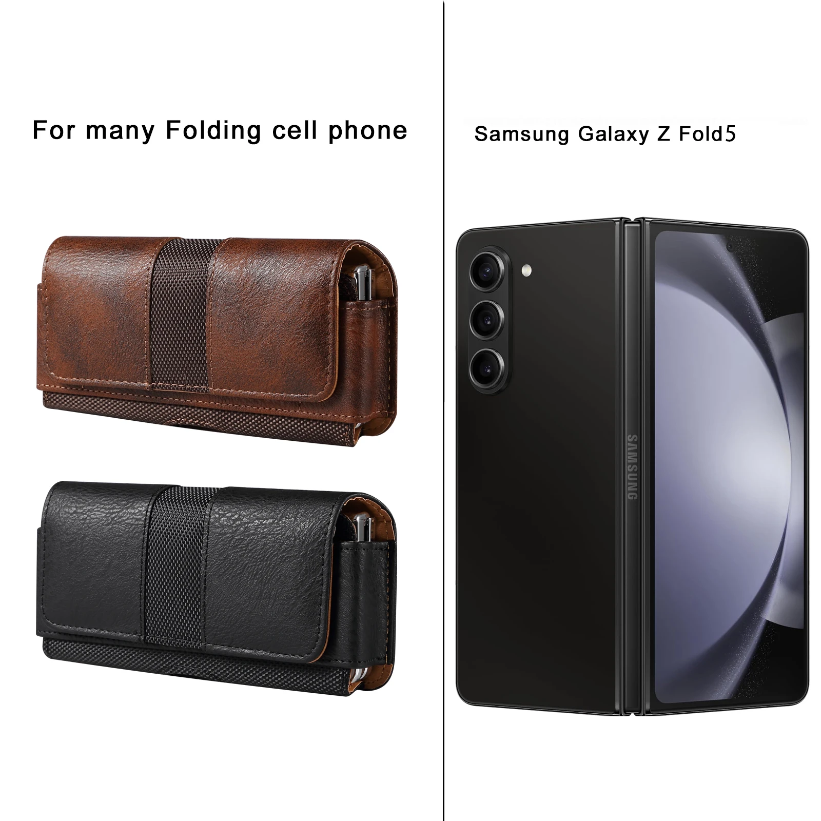 FULAIKATE Durable Waist Pouch for Samsung Z Fold5 Horizontal Premium Cowhide Texture Bag for ZFold4 Holster for Huawei Mate X3