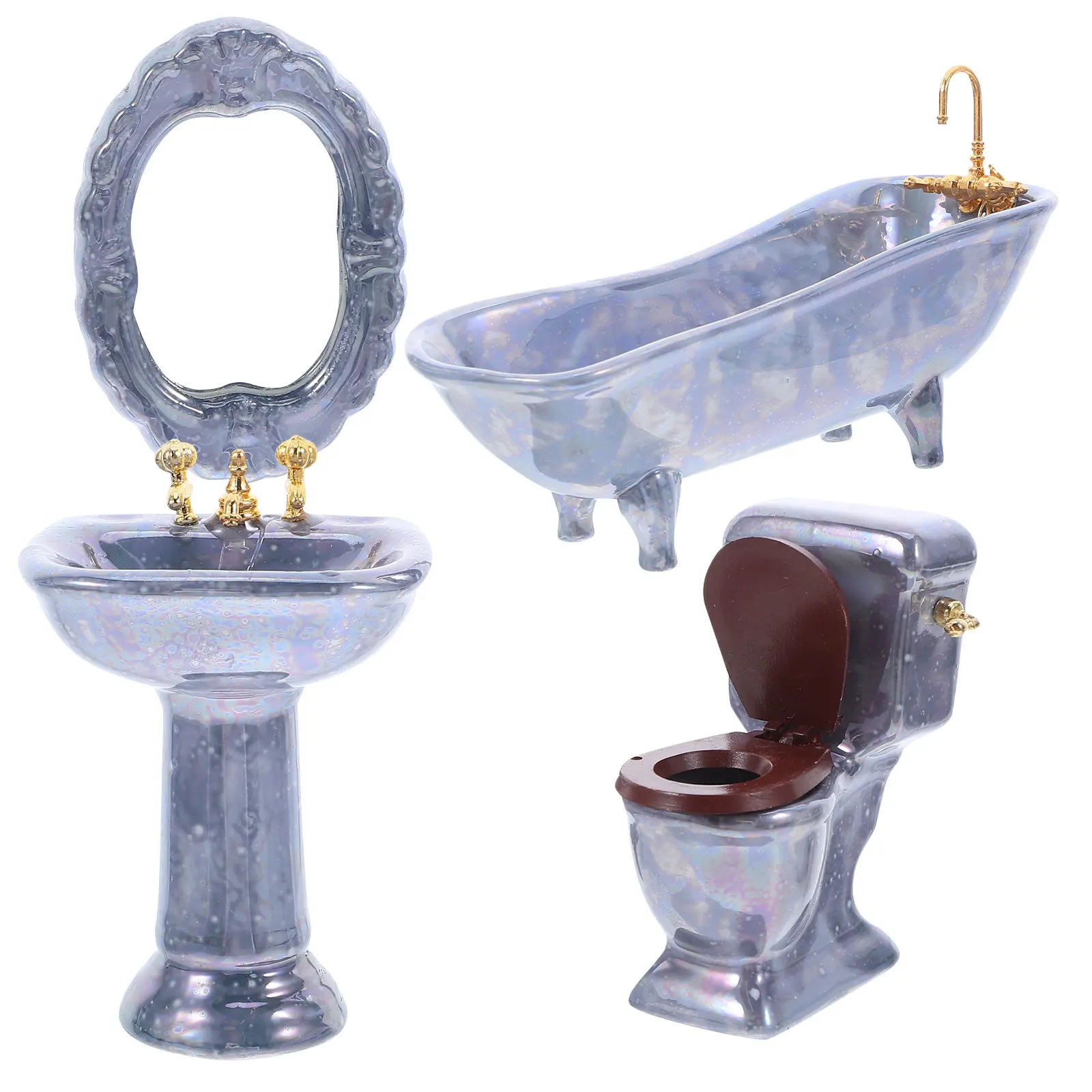 

1 Set Miniature Bathroom Accessories Realistic Porcelain Bathtub Toilet Sink Mirror Mini House Furniture Decoration Set