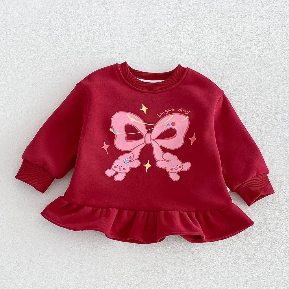 Long Sleeve Dresses For Girls Cute Animal Print Fleece Thicken Warm Winter Children Clothing Red Color Christmas Toddler Dress