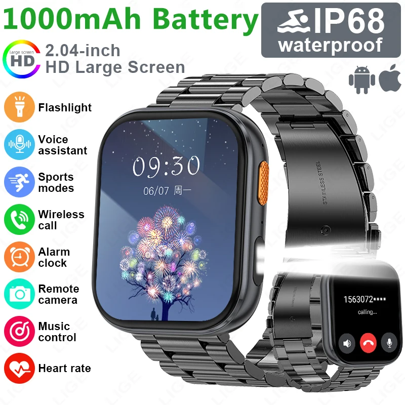 

LIGE New 2.04-inch HD Smart Watch 1000mAh High Capacity Battery Outdoor IP68 waterproof Sports Fitness Health Monitor Smartwatch