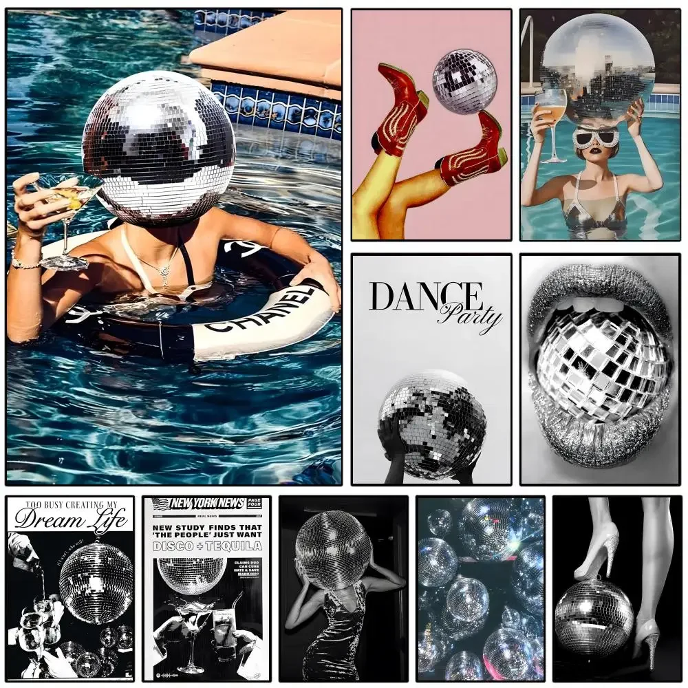 Sufeasdf 70er-Jahre-Disco-Kugel-Vintage-Kunstposter, selbstklebender, wasserfester Papieraufkleber, Wanddekoration für Kaffeehaus