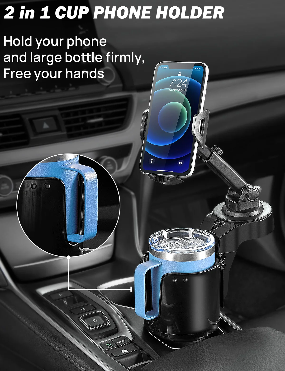 Universal Car Cup Drink Holders Extender With Phone Mount  For Tesla Model 3/S/X/Y Adjustable 360° Rotate Cellphone Holders