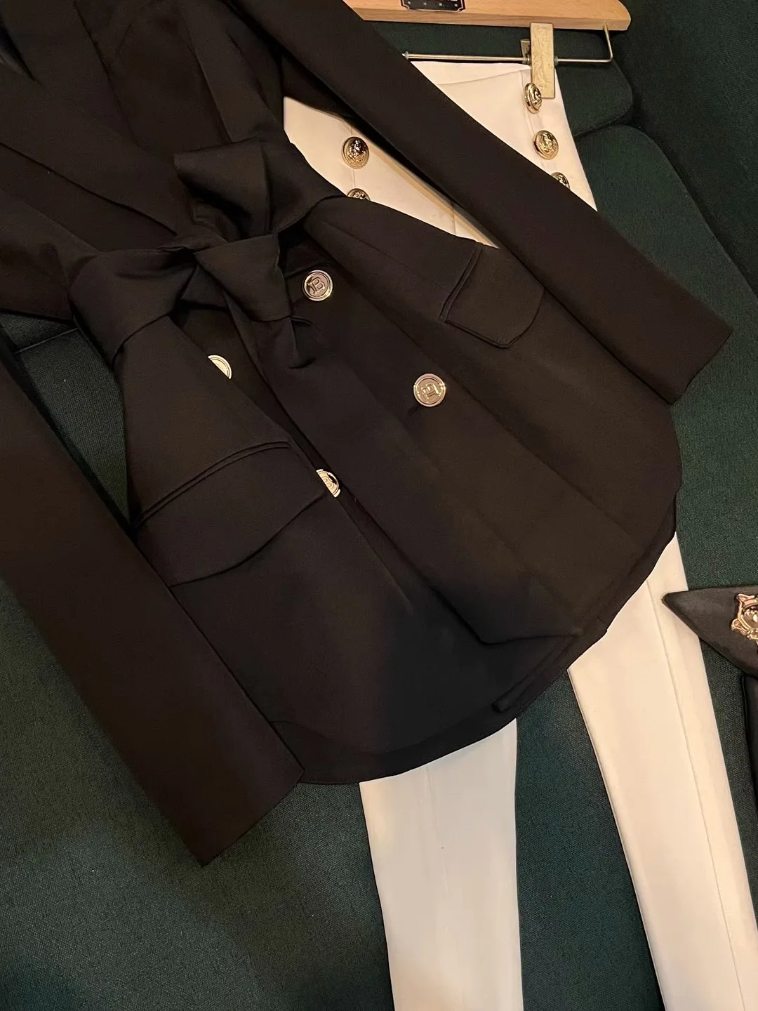 

Metallic Double-Breasted Suit Jaet with Belt Celebri Sle een Collar Women's Faion Commute A6744