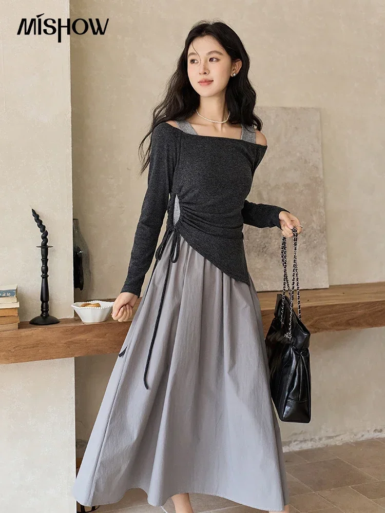 

MISHOW Gentle Dress Sets Women 2024 Fall Temperament Design Thin Slash Neck Top Splicing Undershirt Skirt Two Sets MXD47T0407