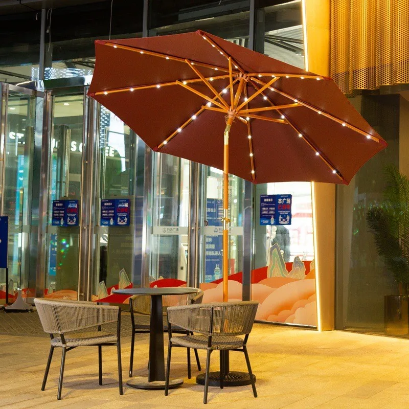 7.5FT Modern Iron Outdoor Furniture LED Patio Umbrella Solar Powered Lights UV Printed Crank Tilt Shade Canopy 3m Radii