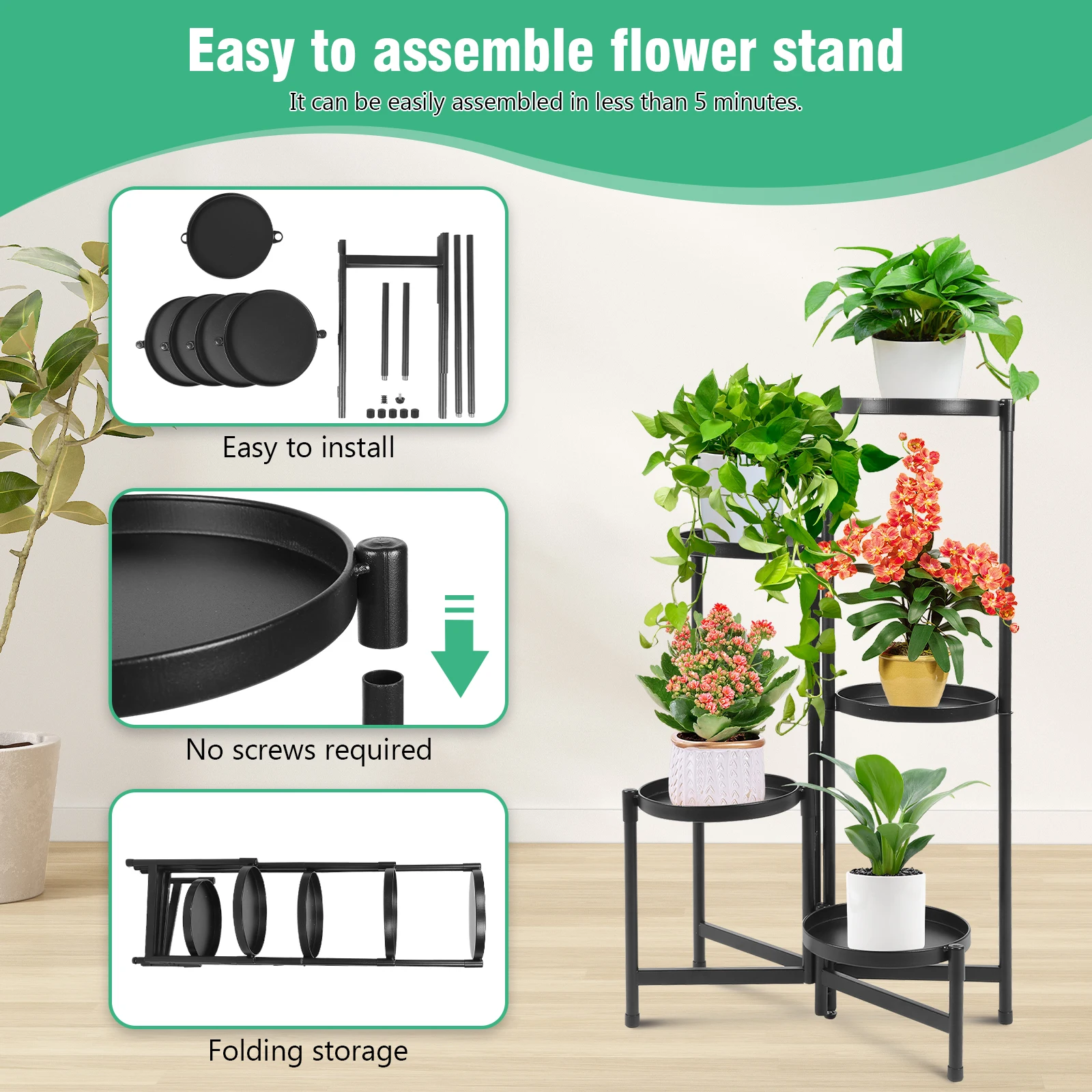 

5-ярусная напольная металлическая подставка для растений, многоярусная складная полка для цветов, высокая стойка для зеленых растений для дома и улицы