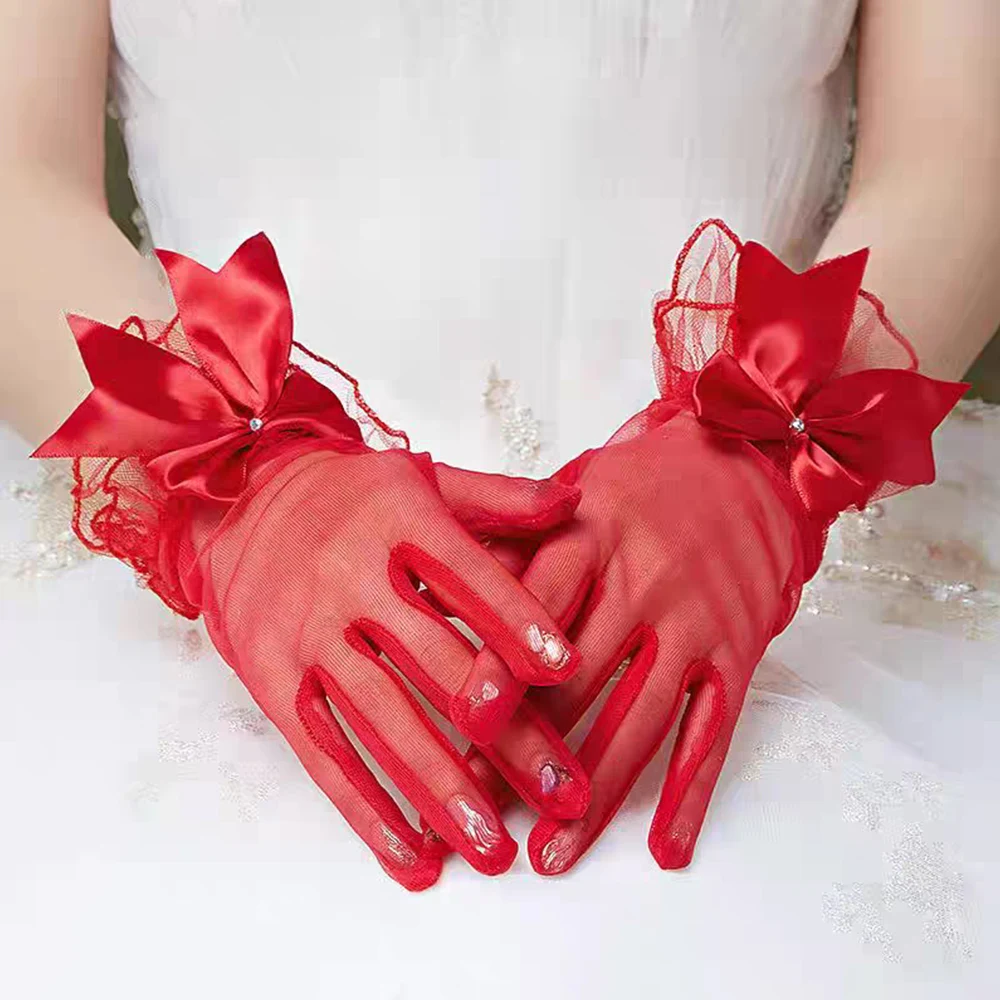 1 Pairs Bow Gauze Gloves Fashion Bridal Wedding Gloves Transparent Breathable Lace Ultra Thin Gloves Women's Pleated Mittens