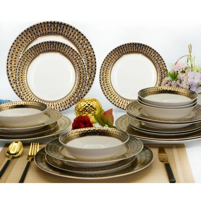 

Wholesale order German embossed gold 24pcs dinnerware set for home hotel party wedding luxury shiny gold table set