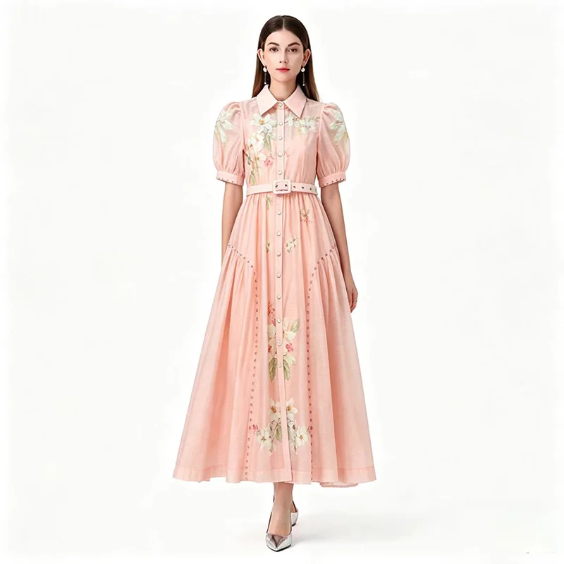 Vintage Floral Print Shirt Maxi Dress Women Casual Puff Sleeve Belted A-Line Dresses Elegant Long Robe for Spring Summer