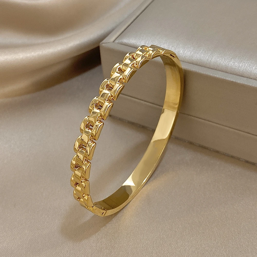 Freetry موضة الفولاذ المقاوم للصدأ سلسلة الإسورة سوار للنساء مقاوم للماء الذهب اللون غير النظامية المفتوحة الربيع الإسورة مجوهرات اليد