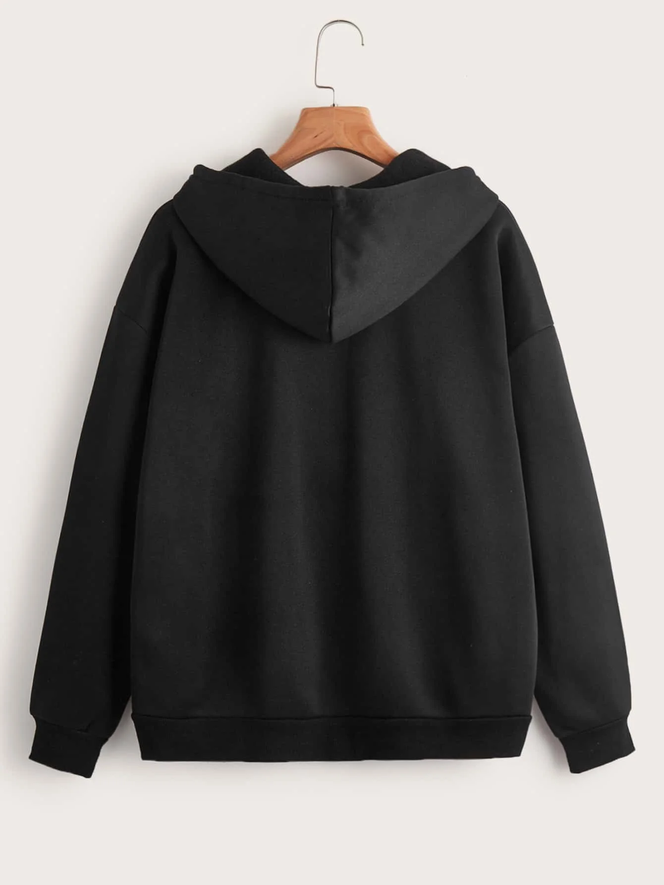 เสื้อฮู้ดซิปสีดำล้วนสำหรับผู้หญิง มีเชือกผูก แขนยาว มีกระเป๋าจิงโจ้ ชุดลำลองสำหรับฤดูใบไม้ร่วง