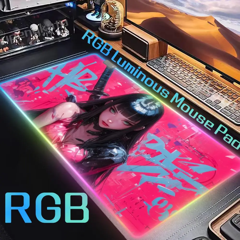 

RGB Anti-Slip Rubber Computer Gamer Accessories Desk Mat Stitched Edge Large Office Gaming Mousepad Warrior Girl Anime Mouse Pad