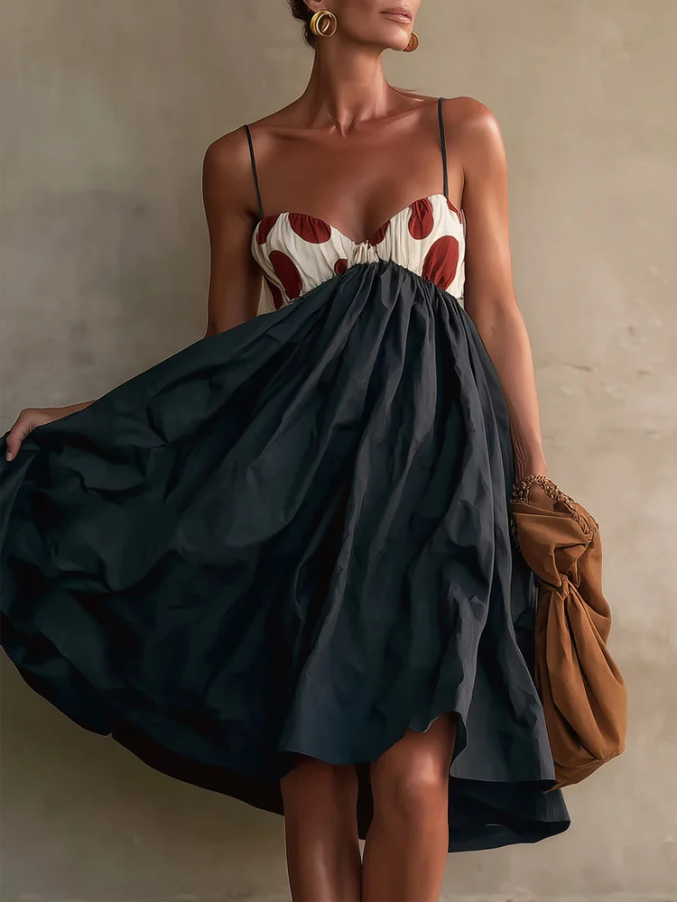 Women Polka Dot Spaghetti Strap Dress V Neck Color Block High Waist Flowy A‑Line Dress Loose Backless Summer Vacation Midi Dress