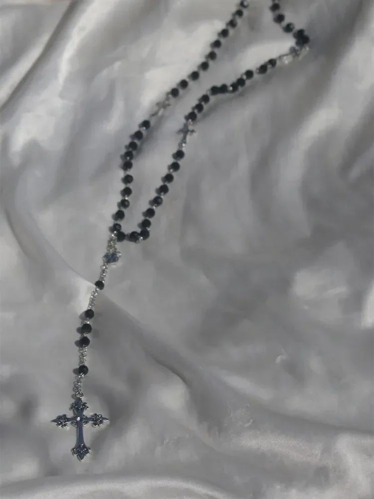 Long Silver Cross Pendant Necklace Beaded Gothic