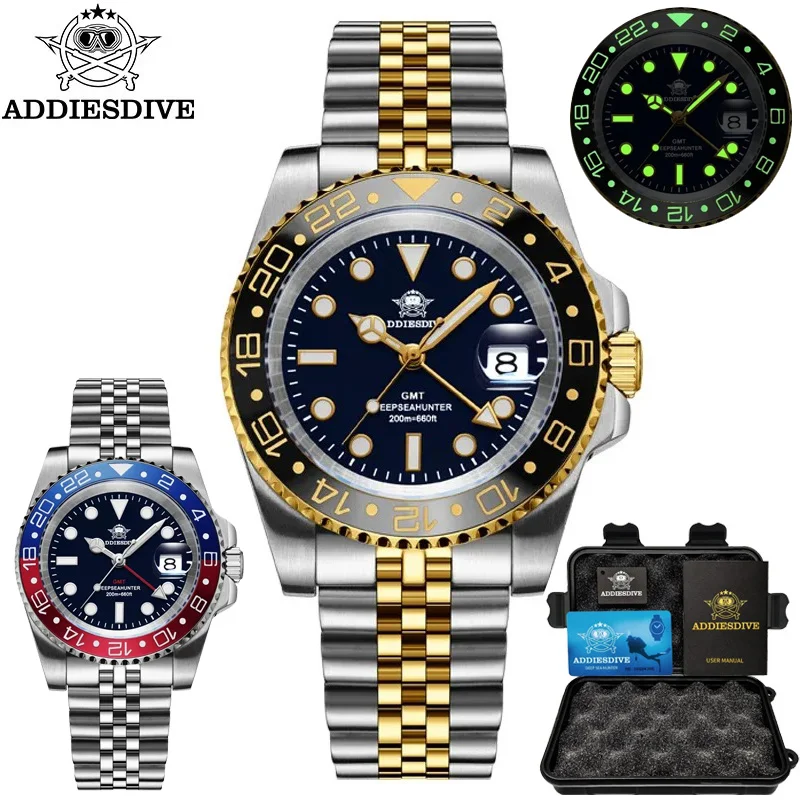 ADDIESDIVE AD2050 GMT Watch Stainless Steel Luminous Quartz Movement Ceramic Bezel 20Bar Waterproof Wristwatch Calendar Watches